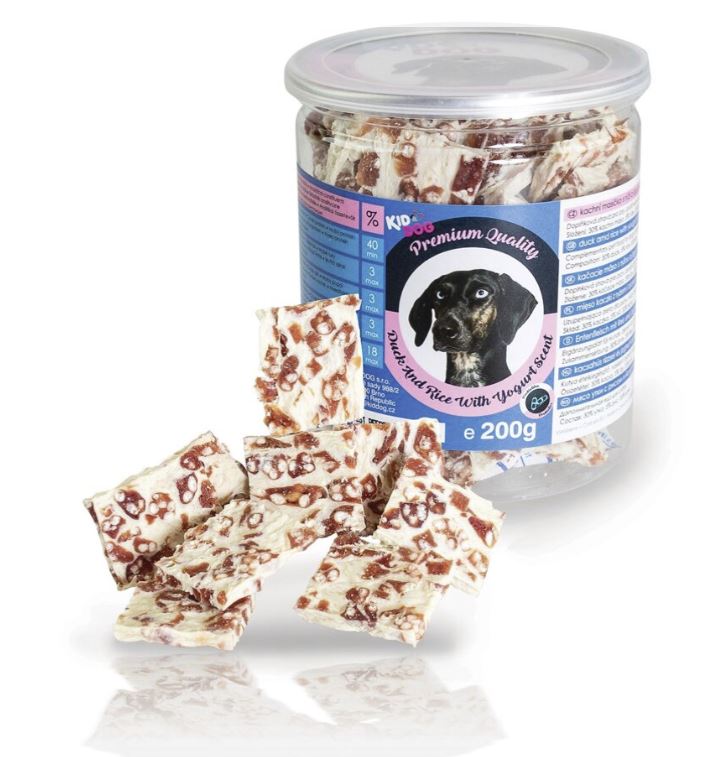 KIDDOG kachní masíčko s rýží a jogurtovou náplní - PREMIUM QUALITY 200 g dóza